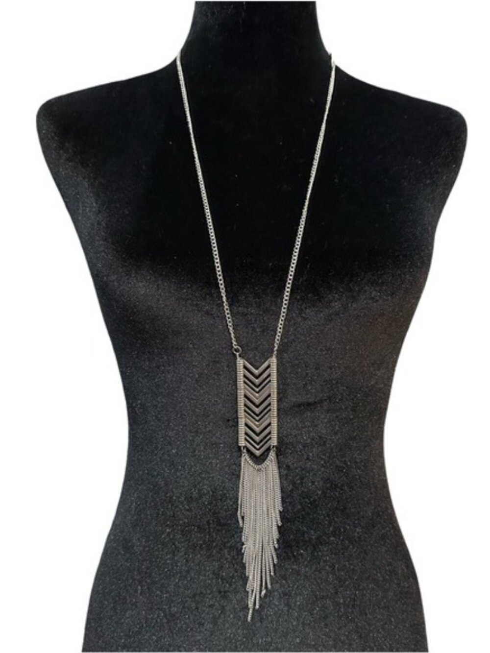 Chevron Fringe Pendant Necklace Silver-Tone 30-32 Inches Long Boho Statement Jew